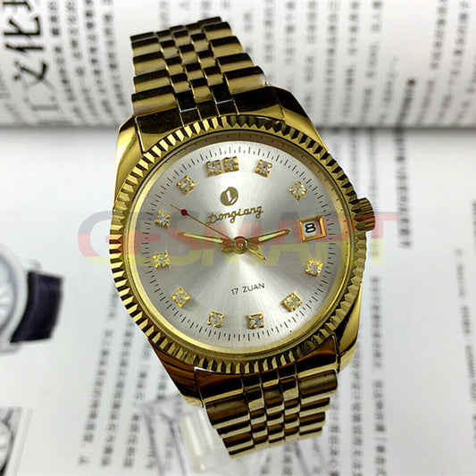 36mm China Donglang manual mechanical watch with silver dial, 17 jewels, and single calendar display.