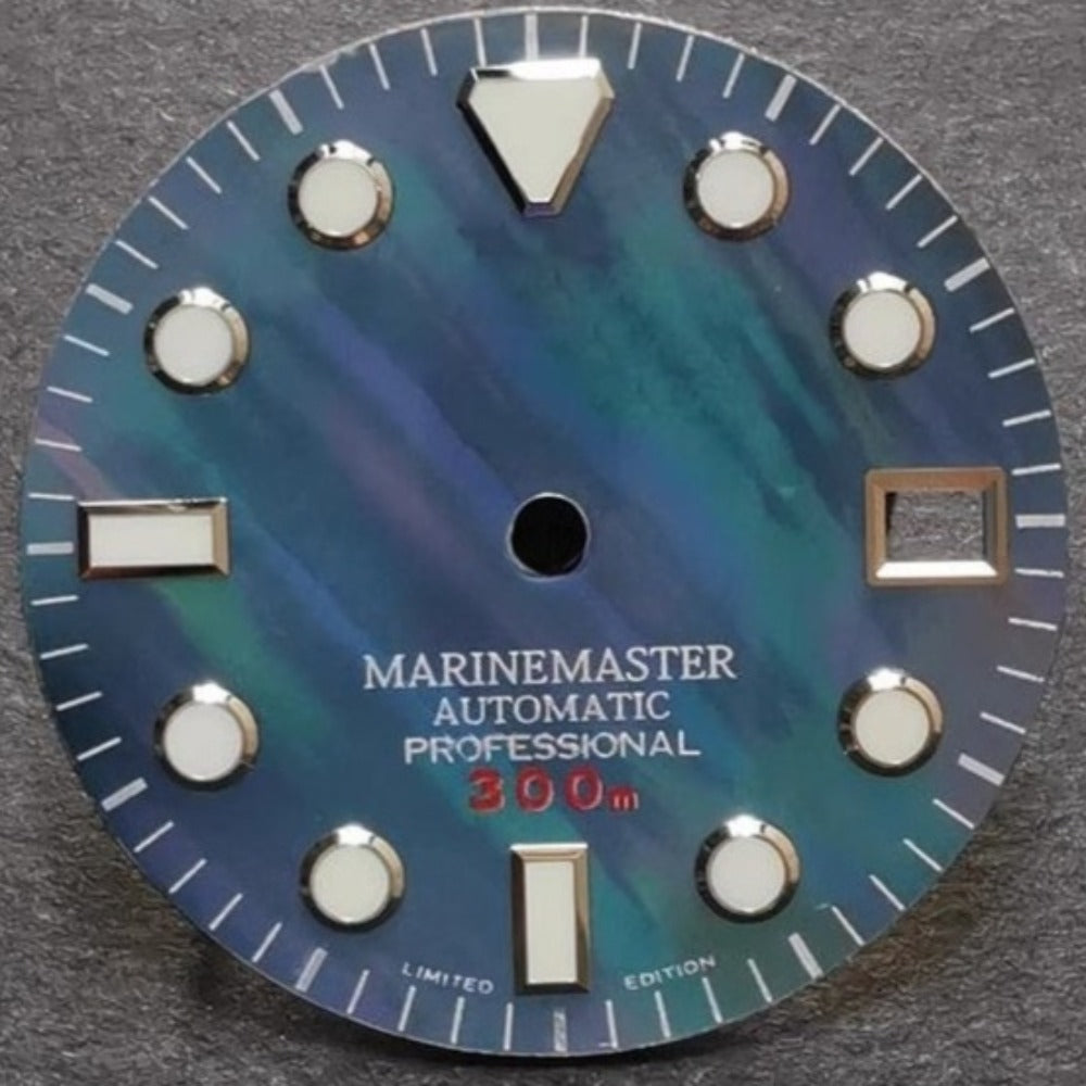 Blue Aurora 28.5mm natural seashell vein watch dial with blue lume, designed for NH35 movements by Blue Aurora.