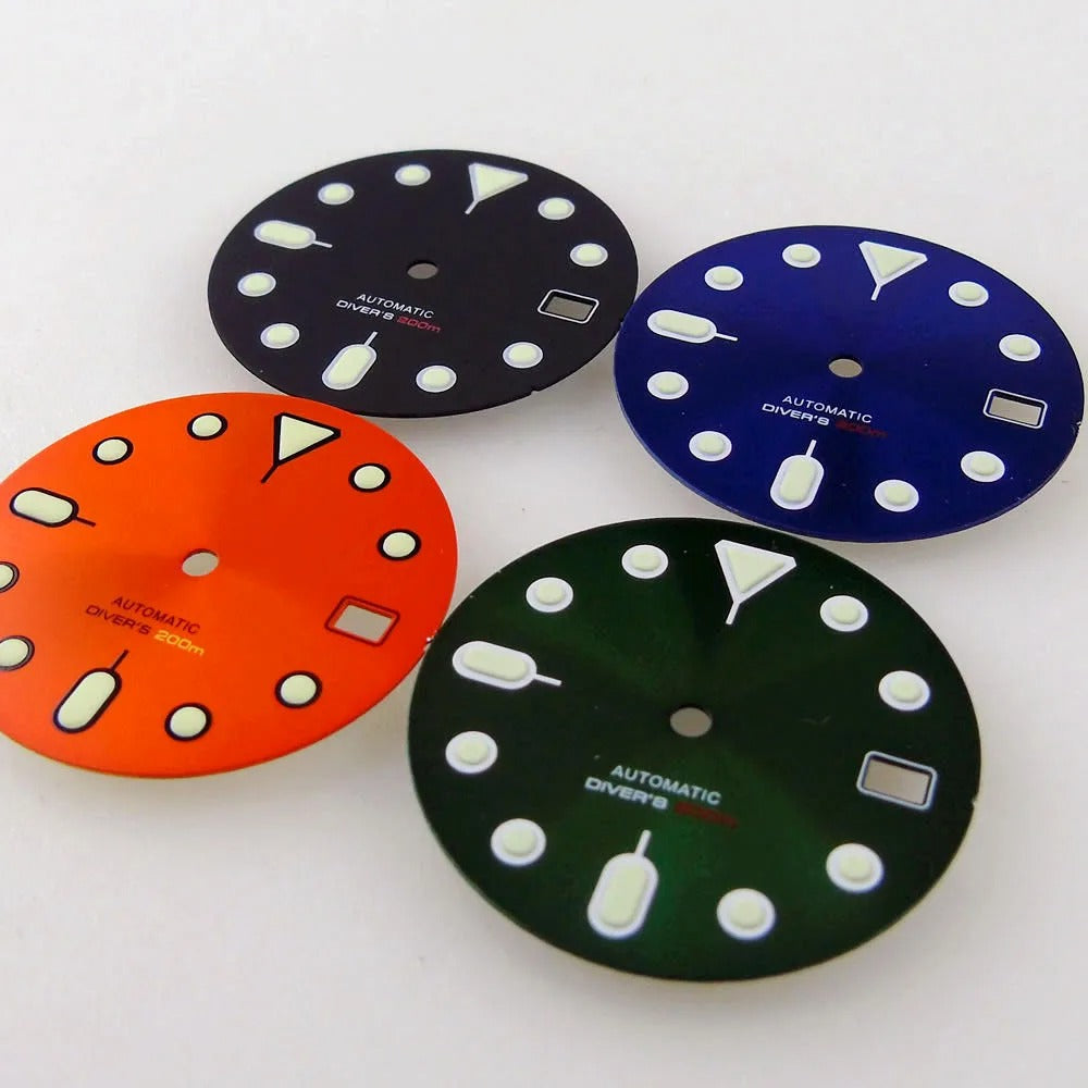 Sunburst orange 29mm dial with luminous markers for SKX mod, compatible with NH35 NH36 movement, crown at 3.8,.