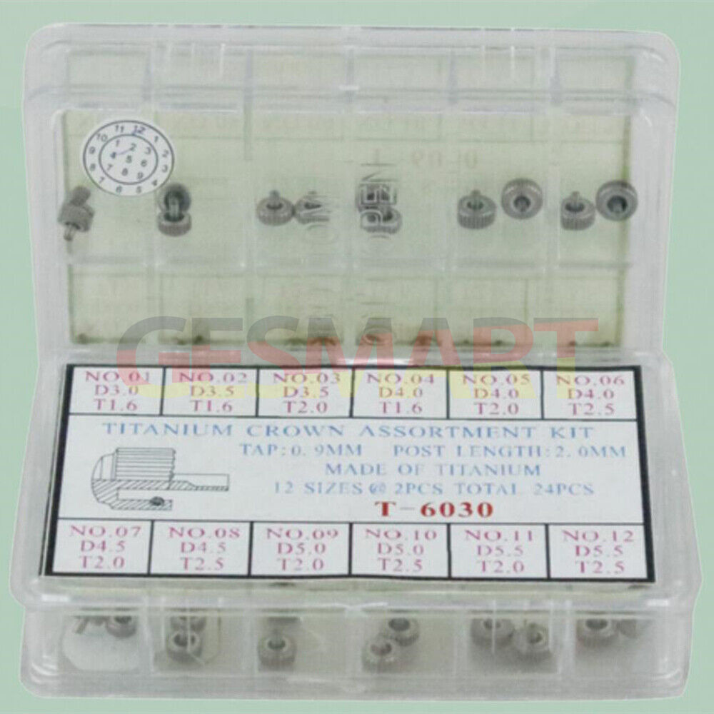 Titanium watch crown assortment kit with 24pcs in 12 sizes for precise repair and replacement.