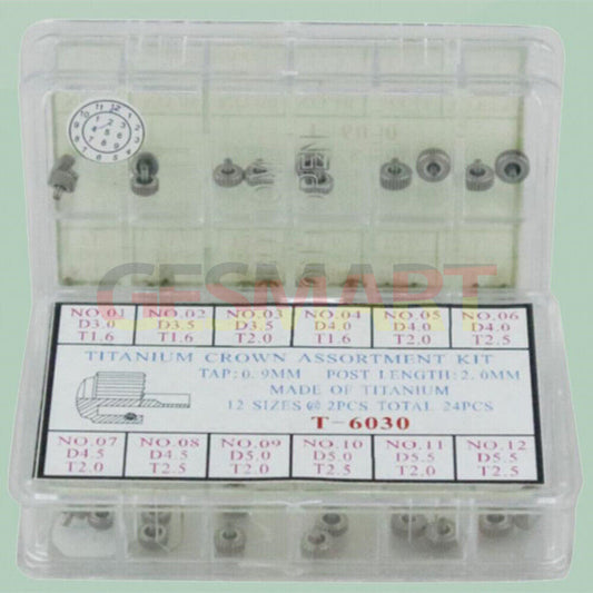 Titanium watch crown assortment kit with 24pcs in 12 sizes for precise repair and replacement.