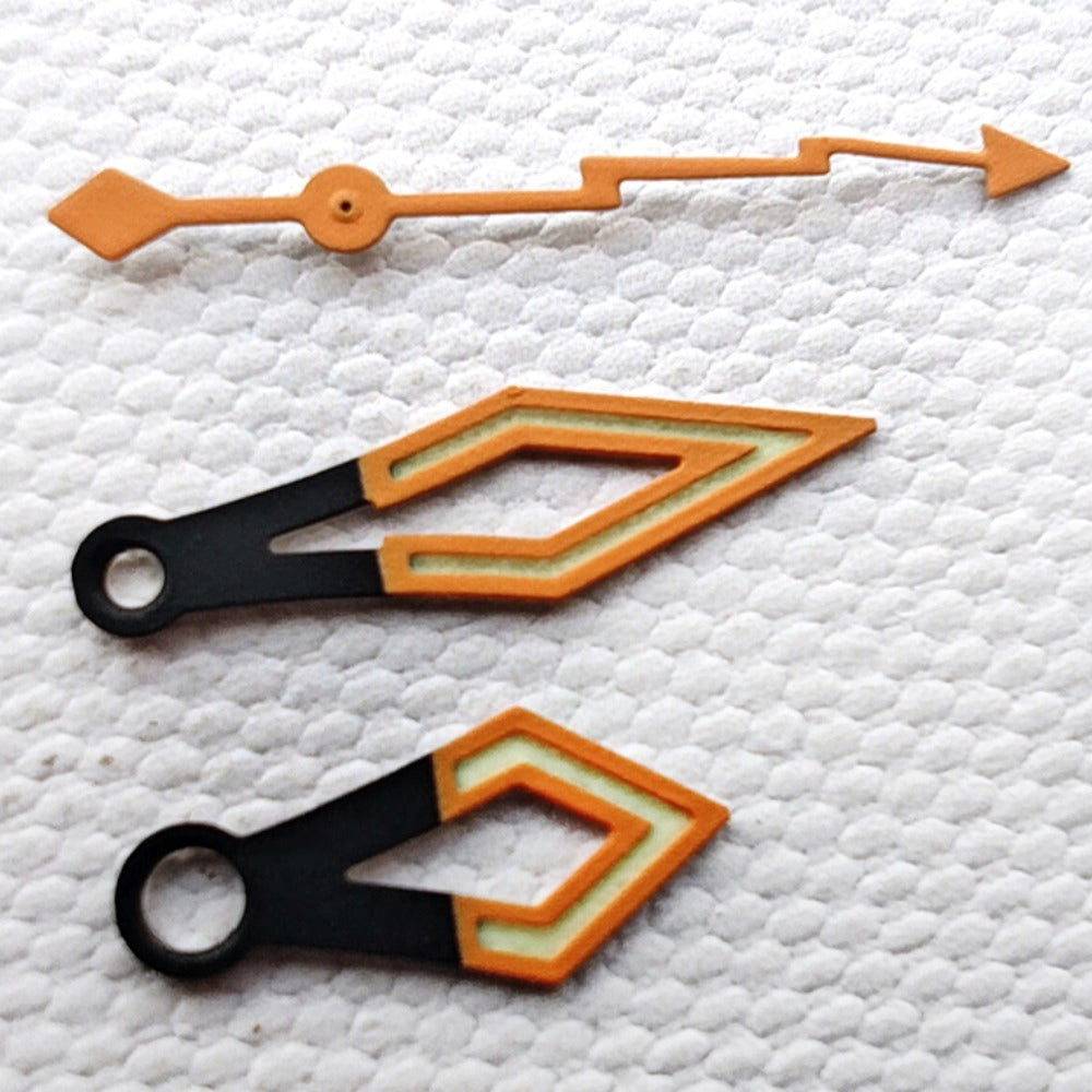 Butterfly C3 green lume orange watch hands for NH34 series, durable and luminous brand parts.