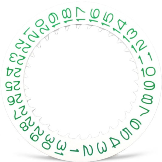 Green font date wheel for NH35 NH36 watch movement, white disk with date at 3 o'clock position.