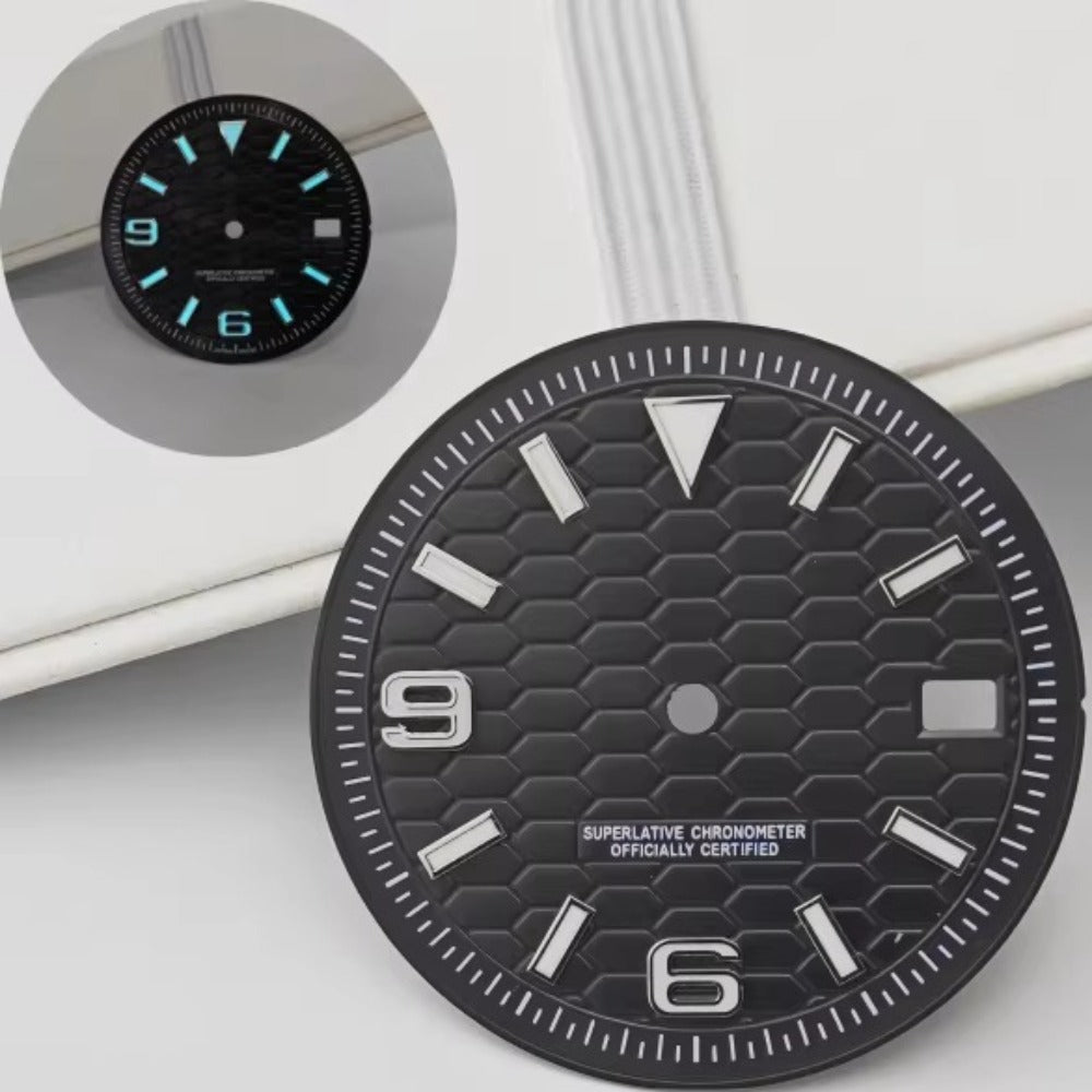 31mm black honeycomb diving watch dial, modified design for NH35 NH36 movements, no logo.