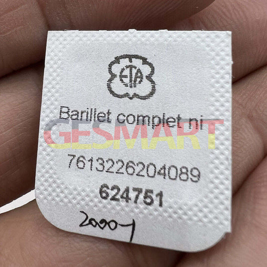 Complete barrel with new mainspring for ETA 2000-1 watch movement, high-quality spare part.