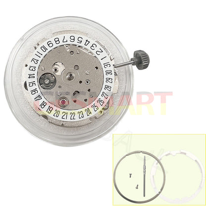 Miyota Citizen 8215 automatic silver plated watch movement showing date at 6 o?clock, Japan-made mechanism.