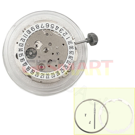 Miyota Citizen 8215 automatic silver plated watch movement showing date at 6 o?clock, Japan-made mechanism.