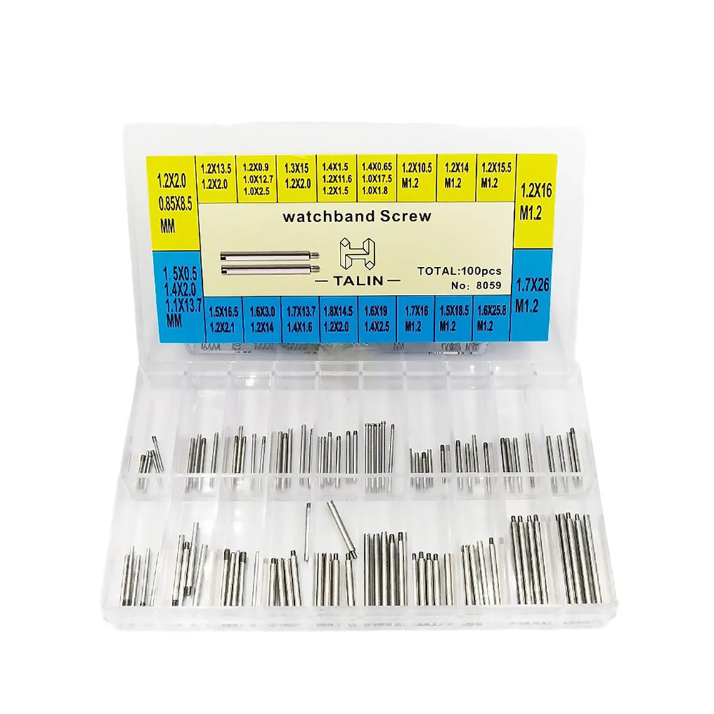 100Pcs stainless steel screws for Rolex watch bands, versatile sizes for strap repair and adjustment.