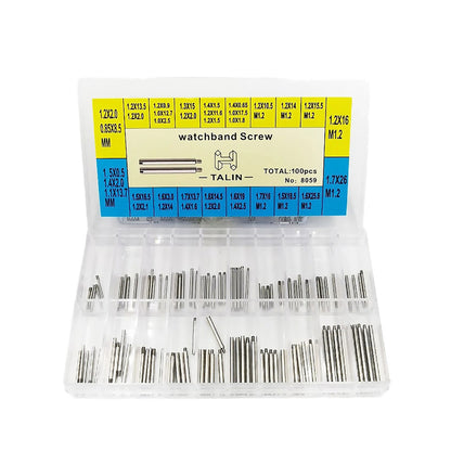 100Pcs stainless steel screws for Rolex watch bands, versatile sizes for strap repair and adjustment.
