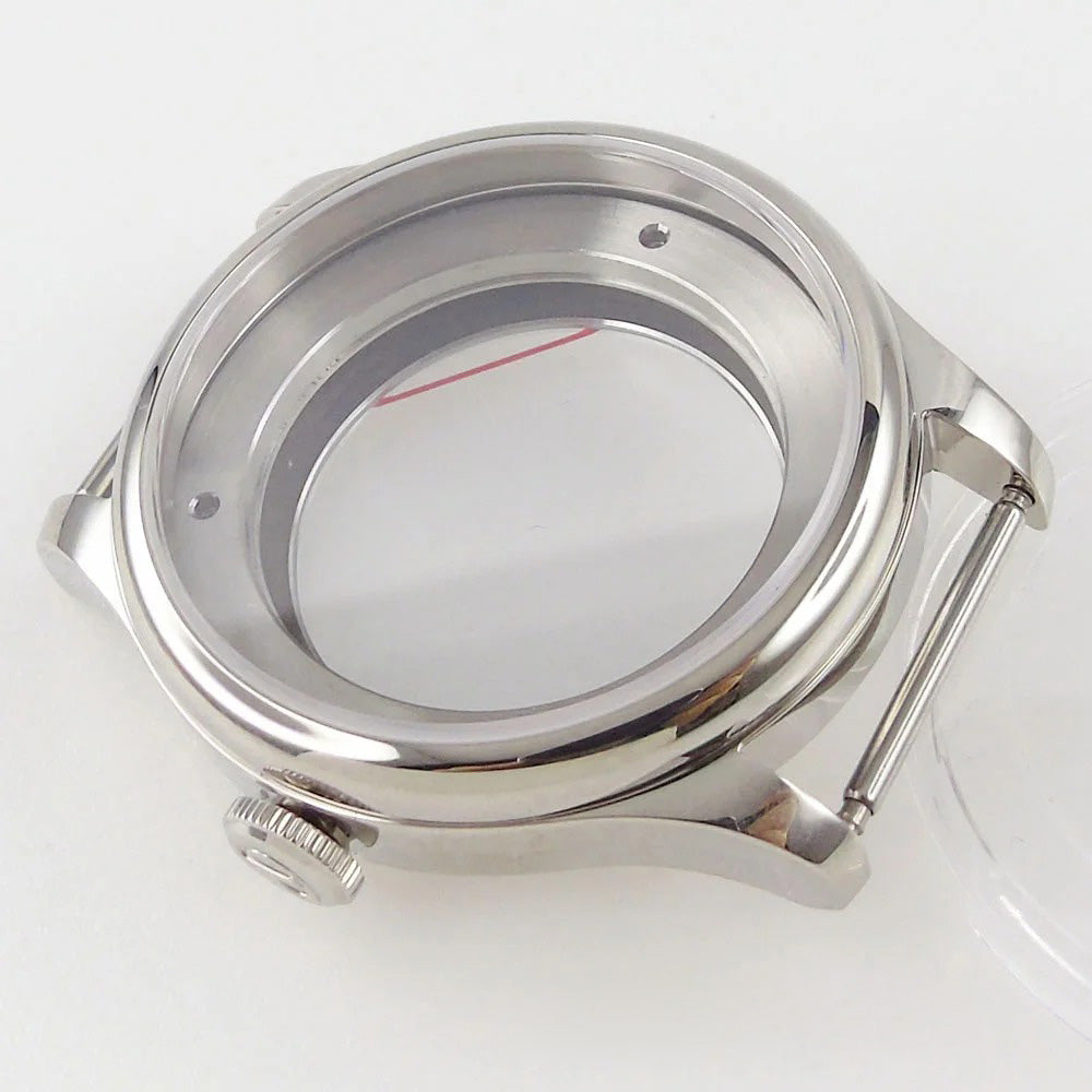 39mm watch case with sapphire crystal back for MIYOTA 8215 automatic movement, durable wristwatch part.