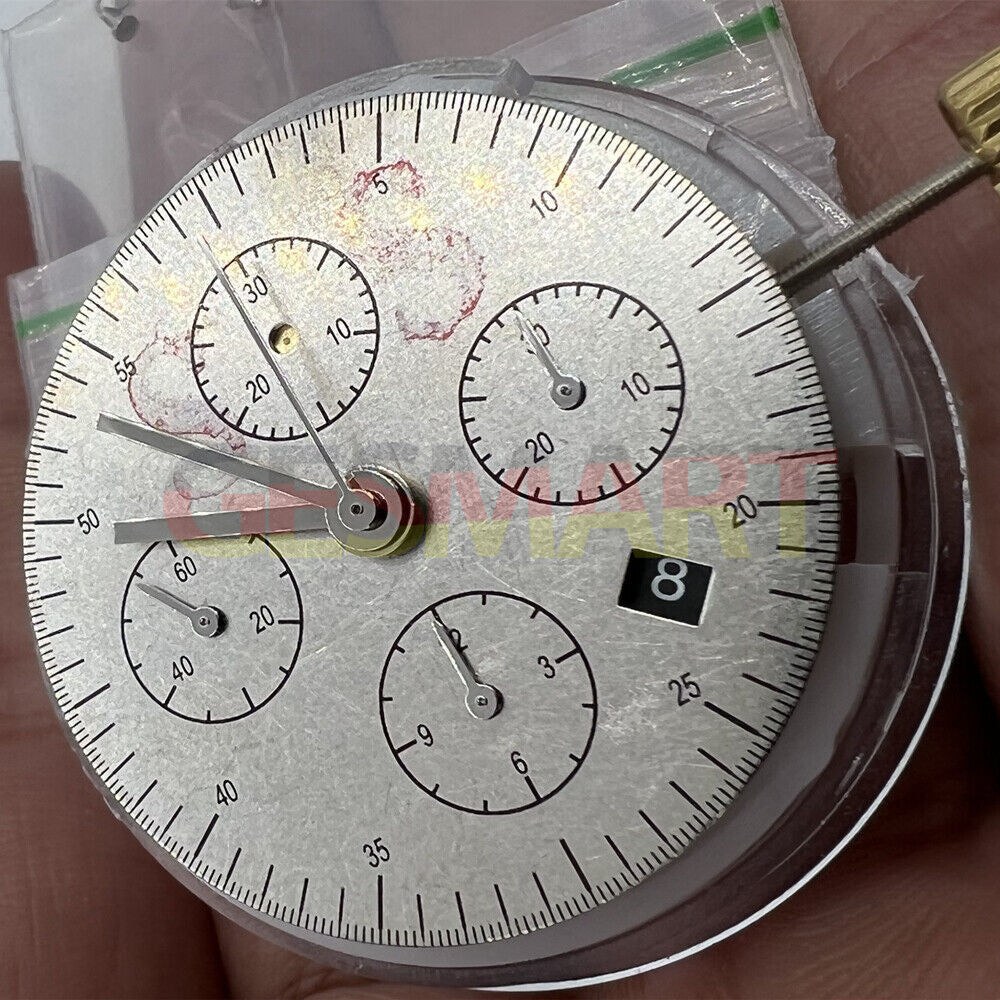 Asian 7750 chronograph movement with black dial, single calendar at 3, and small seconds at 9 by ETA.