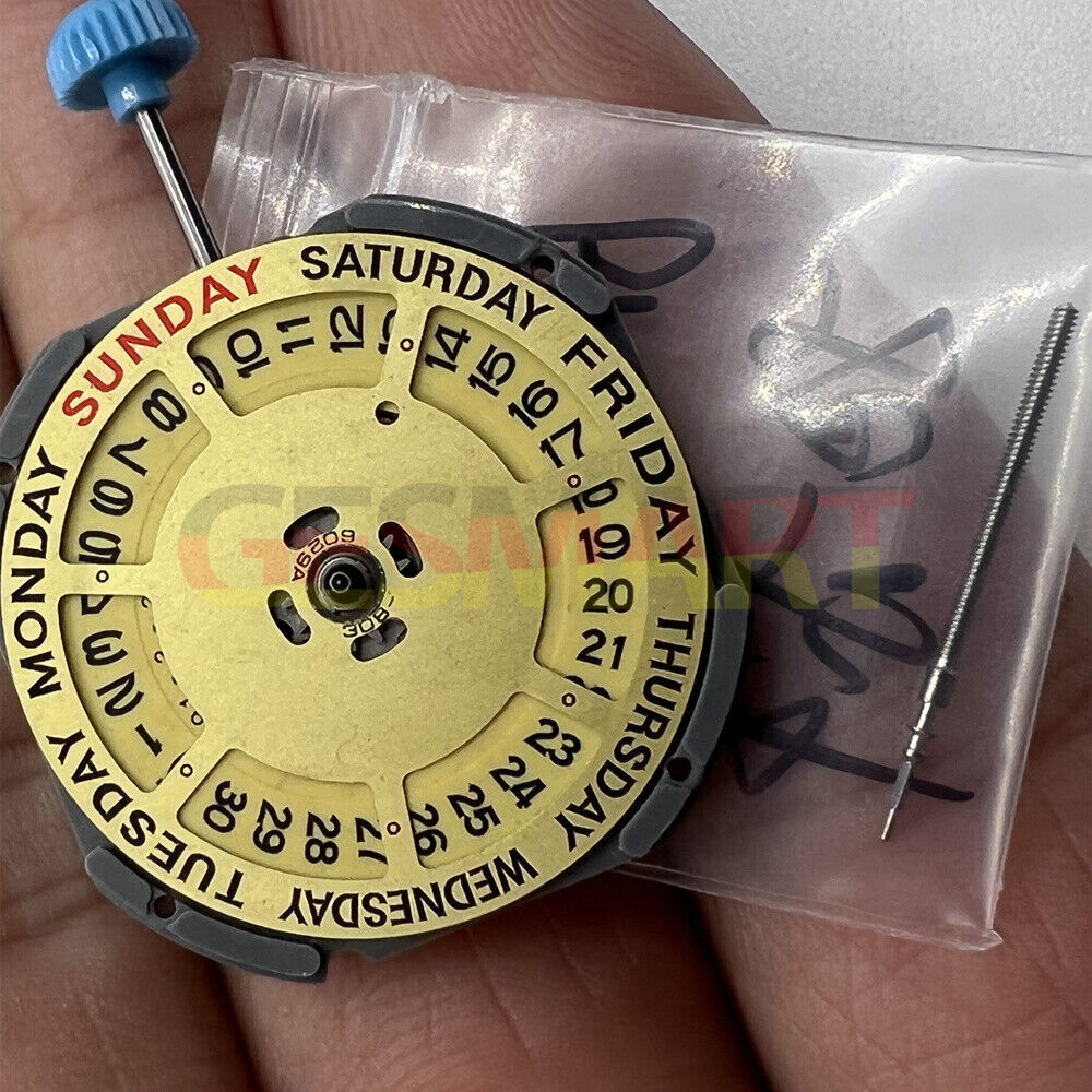 Genuine Miyota 6M50 quartz movement watch with golden dial and date at 3, branded precision timepiece.