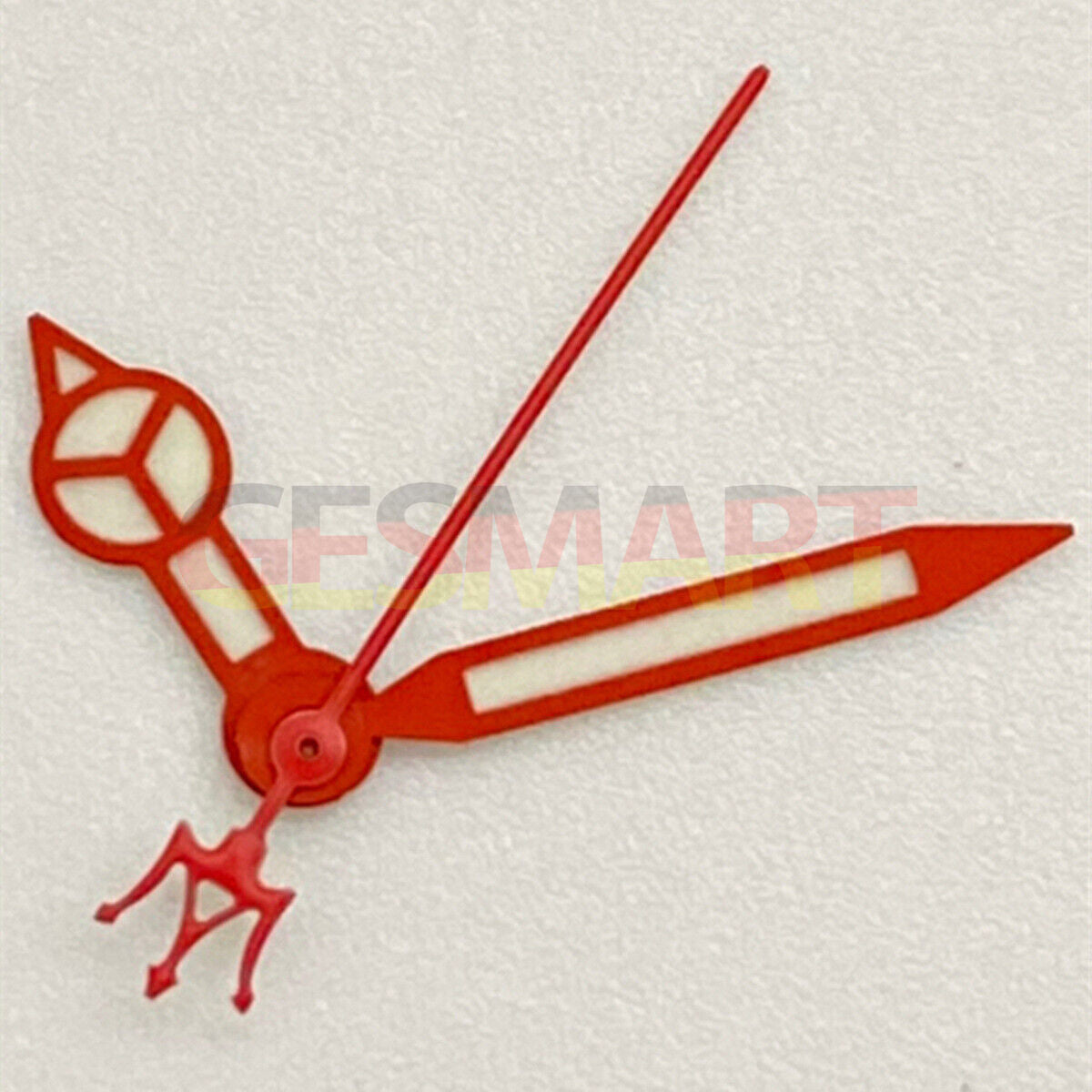 Red Fork watch hands with red trim and green lume, compatible with NH35 NH36 SKX007 SBBN models.