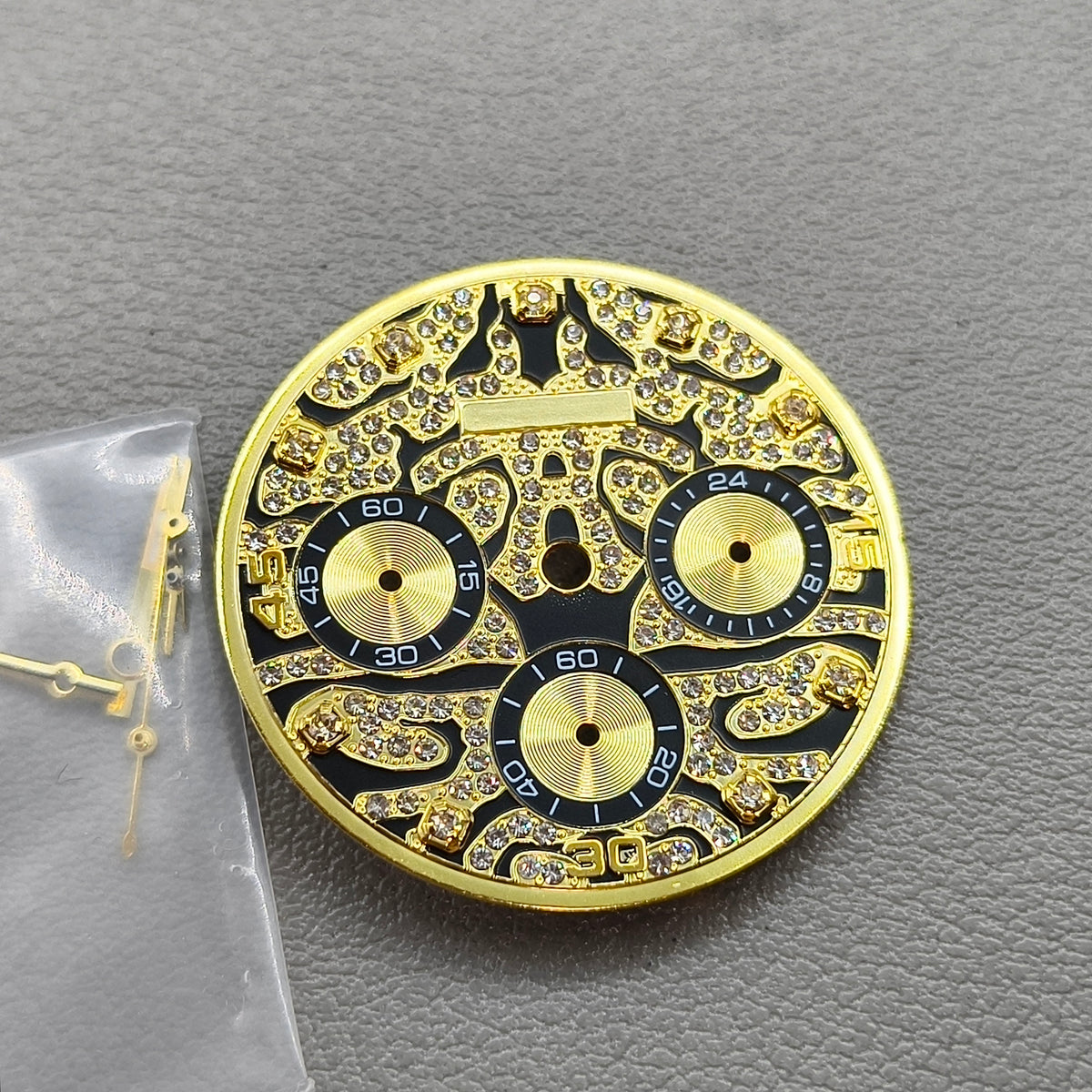 Embedded Diamond Watch Dial with Gold Trim Watch Hands for VK63 Movement