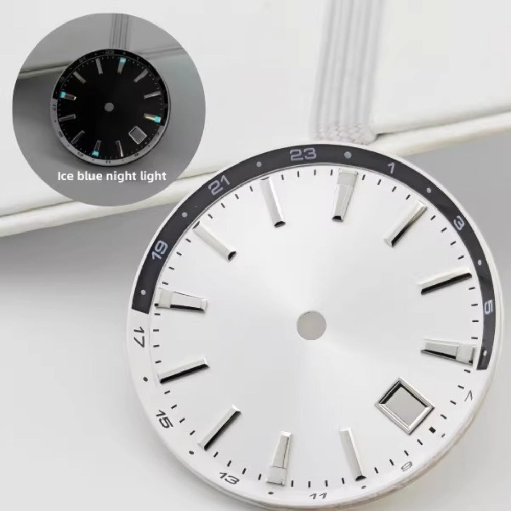 Solid white 32mm Tai Chi circle watch dial with blue lume, compatible with NH34 movement, fits 44mm cases