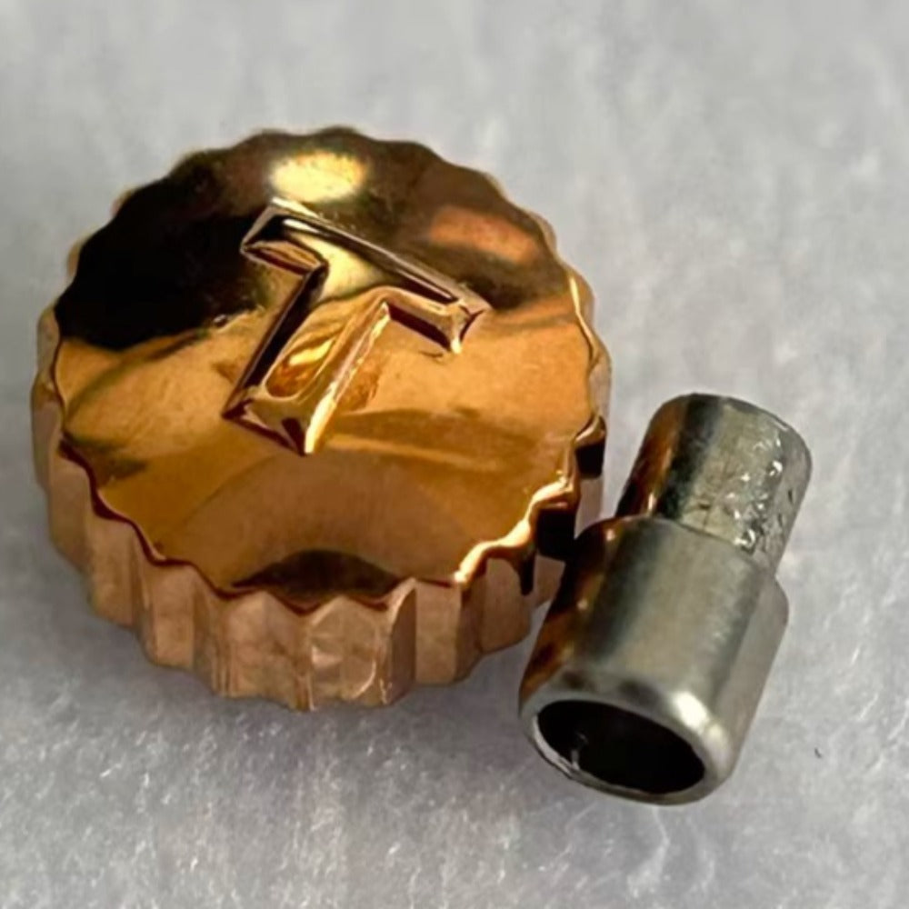 Steel rose gold watch crown for Tissot T063, durable replacement part for precise watch repair.