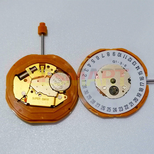 Miyota GM10 Japan Quartz Movement watch mechanism with date display at 6 o'clock, Japan made.