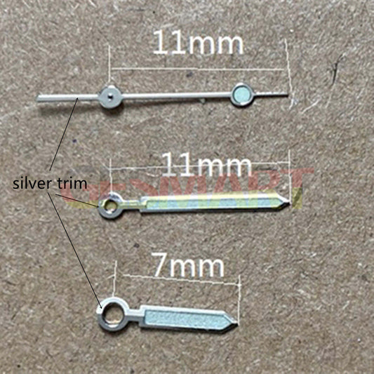 Aiguilles de montre lumineuses vertes avec garniture argentée de 11 mm pour mouvement Miyota 1M12