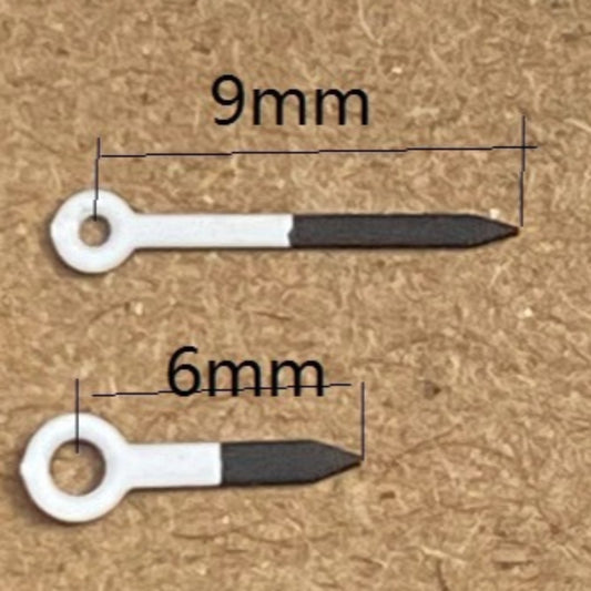 White and black painted 9x6mm watch hands for Ronda 763 762 751 1062 1063 movements, perfect for precise timekeeping.