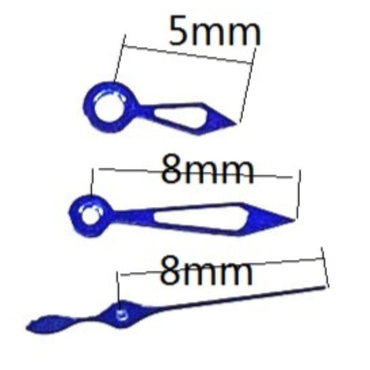 Blue 8mm arrow-shaped watch hands with trim, compatible with Miyota 2035 quartz movement.