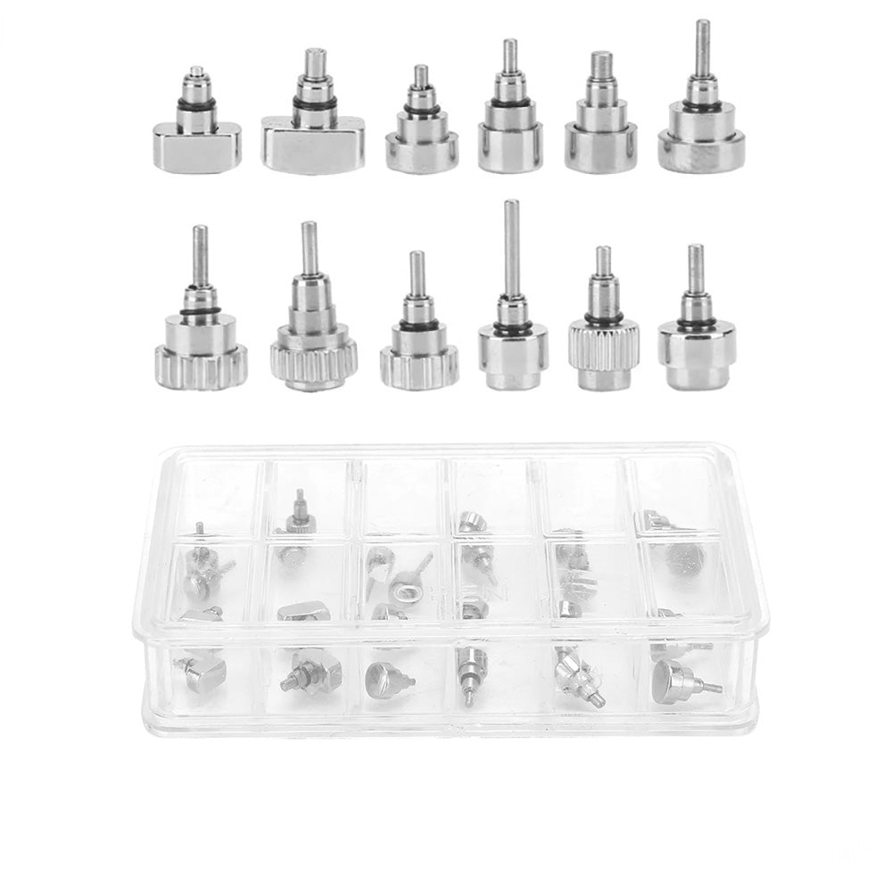 Stainless steel watch case buttons and spring bars set, 24pcs with 12 types for precise replacements.