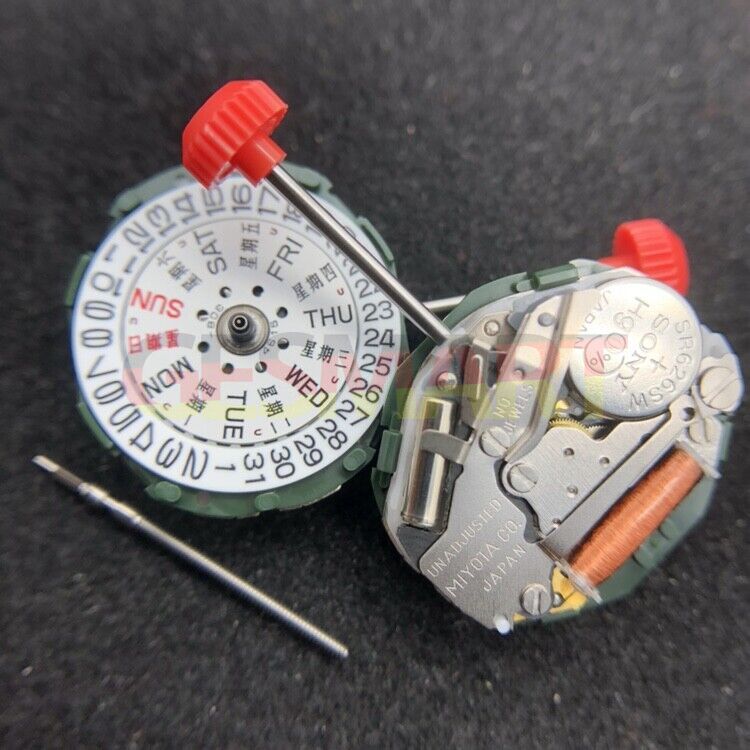 Miyota/Citizen 2005 Japan quartz movement with day date function and watch stem, precise timekeeping.