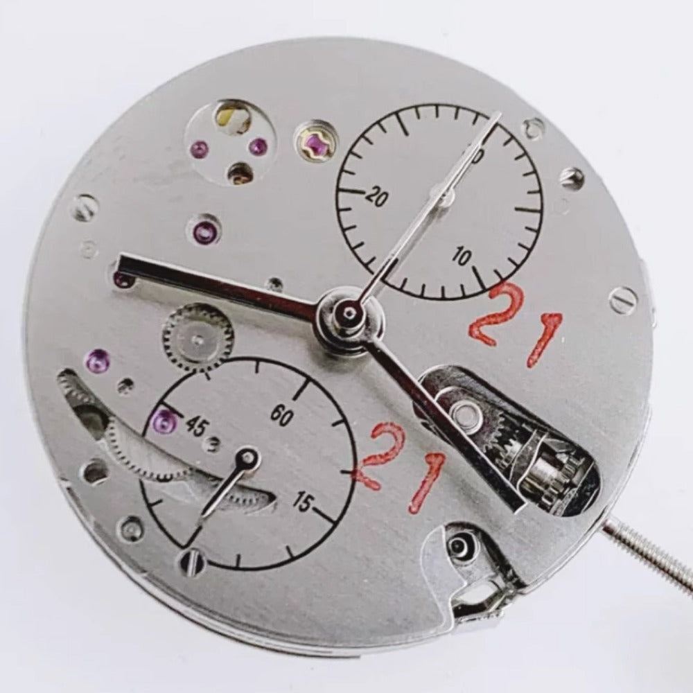 Chinese Dandong 7750 mechanical watch movement with 5 hands and ultra-thin small second at 6 o'clock.