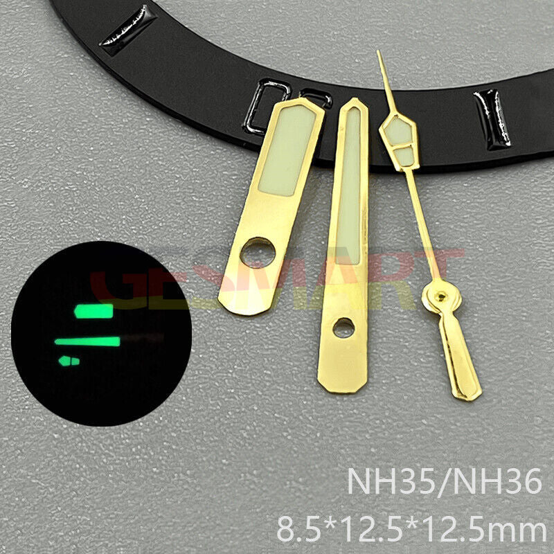 Golden trim luminous watch hands glowing green, compatible with NH35, NH36, NH38, NH70, NH71, NH72 movements.