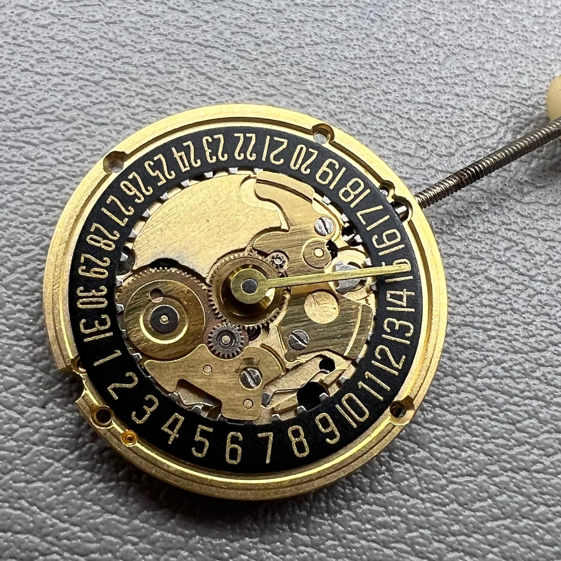 Swiss ETA 256.041 quartz watch movement with black disk, 2 hands, and date at 6, precise timekeeping.