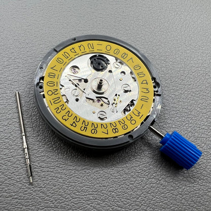 Seiko NH35 automatic watch movement with dark yellow dial, precision mechanical design by Japan.