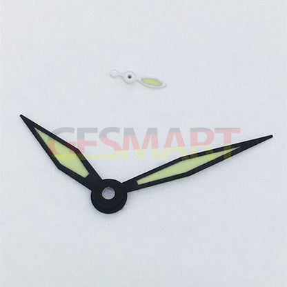 Black trim diamond-shaped green lume watch hands for ST3600/ST3620/ETA6497/6498 movements, precise fit.