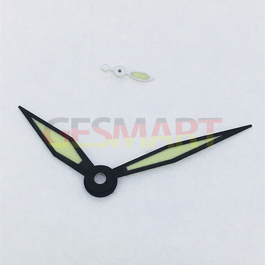 Black trim diamond-shaped green lume watch hands for ST3600/ST3620/ETA6497/6498 movements, precise fit.