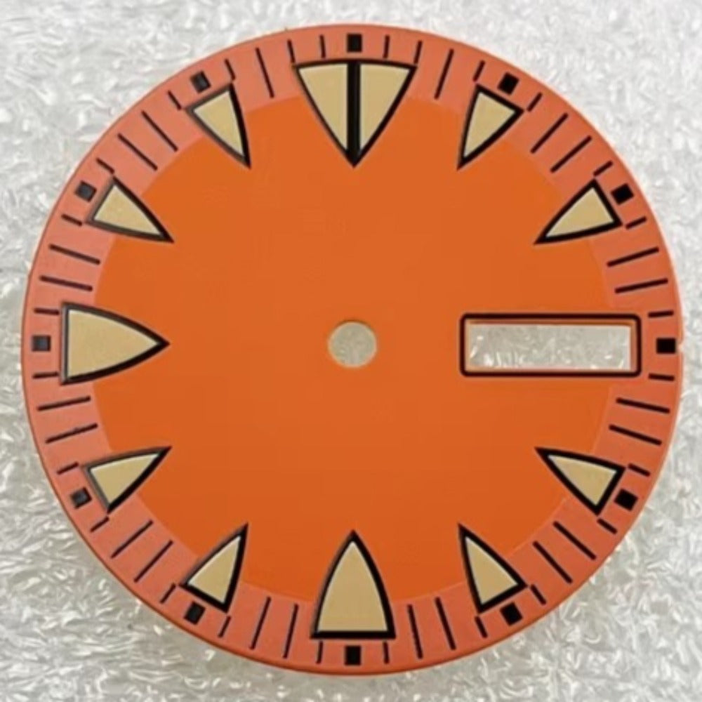 Orange 28.5mm diving watch dial with green lume, compatible with NH36 movement.