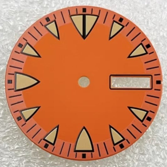 Orange 28.5mm diving watch dial with green lume, compatible with NH36 movement.