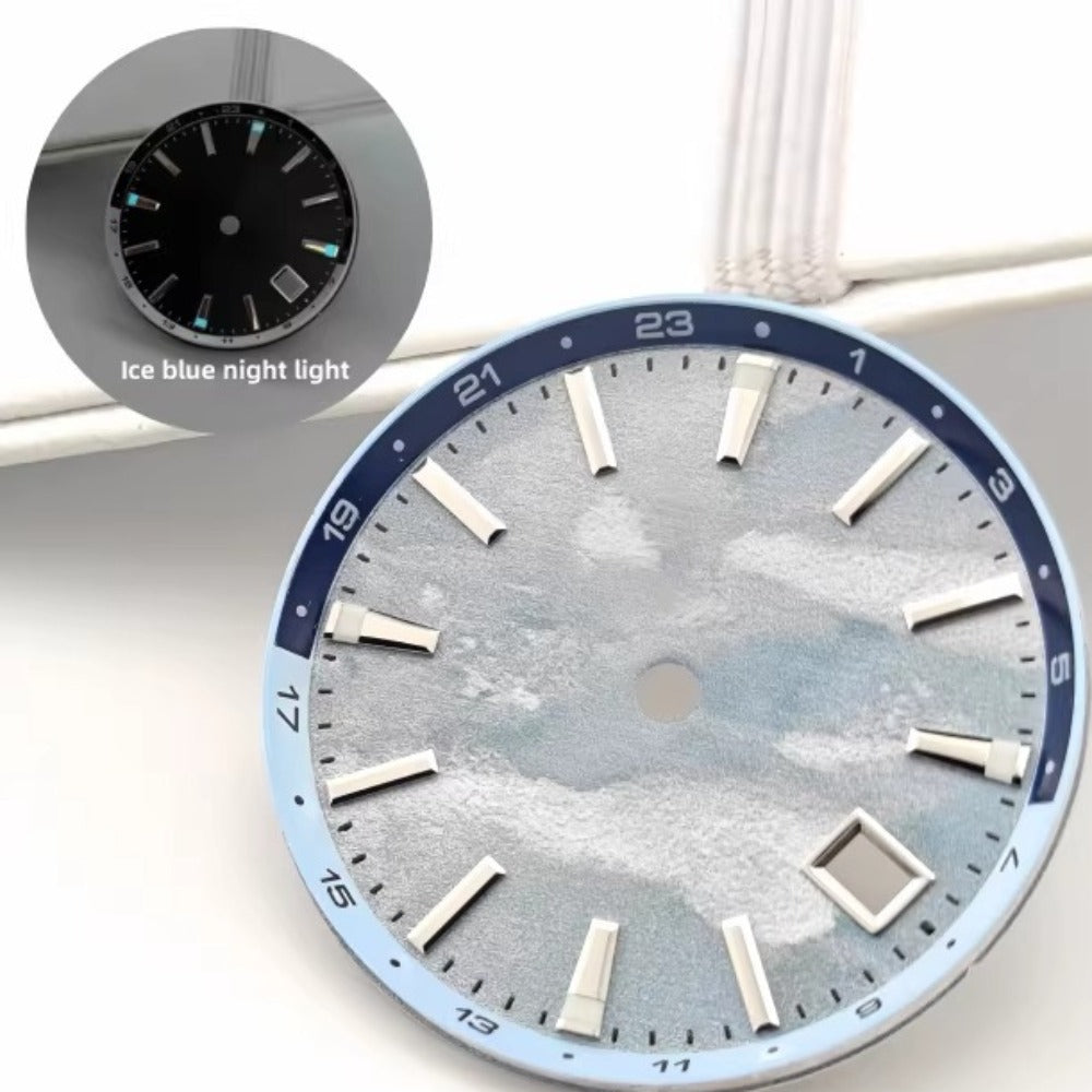 Sky Blue 32mm Tai Chi Circle watch dial with blue lume, compatible with NH34 movement, fits 44mm cases.