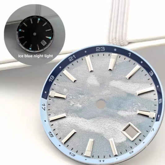 Sky Blue 32mm Tai Chi Circle watch dial with blue lume, compatible with NH34 movement, fits 44mm cases.