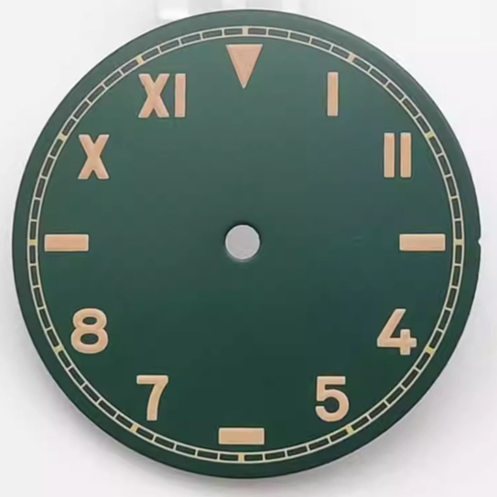Vintage orange font on 28.5mm green watch dial with green lume, compatible with NH35/36/2824/8215 movements.