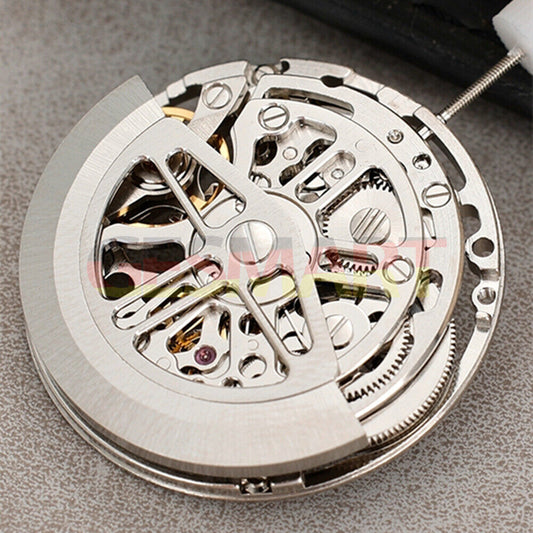Asian HZ75DOA silver hollow balance wheel showcasing intricate automatic mechanical movement details.