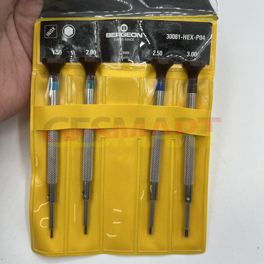 Set of 4 Bergeon 30081-HEX-P04 hex blade screwdrivers for precise watchmaker repairs