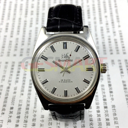 Shanghai Factory 38mm manual mechanical watch with white dial, 3 hands, 19 jewels, classic design for elegant wristwear.
