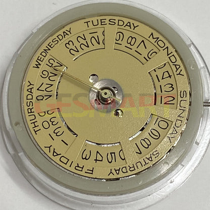 Asian Tianjin Seagull T16 watch with day-date function, automatic mechanical movement, and golden dial design.