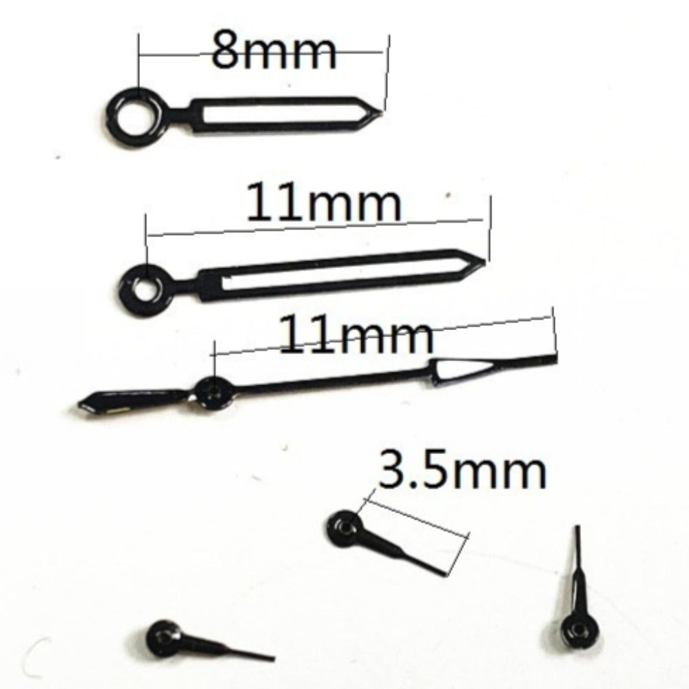 11mm black trim green lume watch hands for Miyota OS10, OS20, OS30 movements, precise fit.