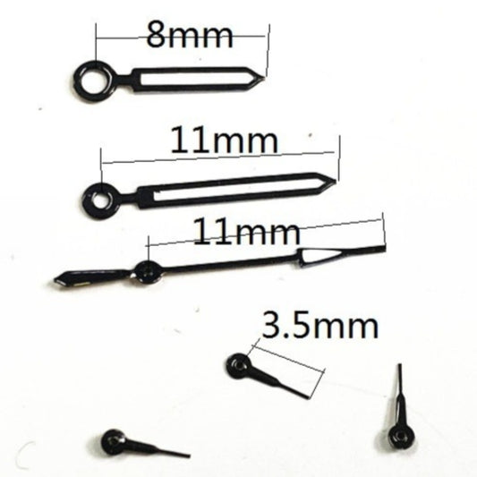 11mm black trim green lume watch hands for Miyota OS10, OS20, OS30 movements, precise fit.