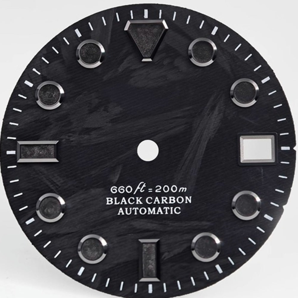 Trapezoid 28.5mm carbon fiber black and grey watch dial with lume, compatible with NH34/35 movements, enhancing sporty style.