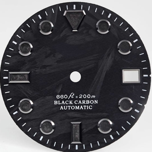 Trapezoid 28.5mm carbon fiber black and grey watch dial with lume, compatible with NH34/35 movements, enhancing sporty style.