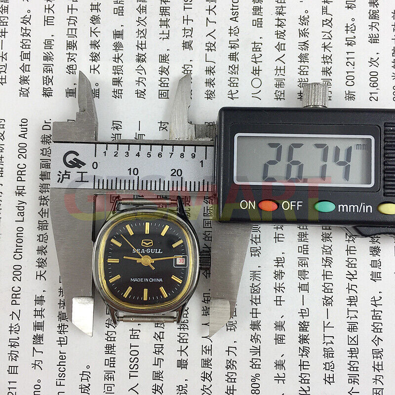 Seagull 26mm black square case ladies watch with manual mechanical movement and single calendar display.