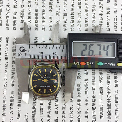 Seagull 26mm black square case ladies watch with manual mechanical movement and single calendar display.