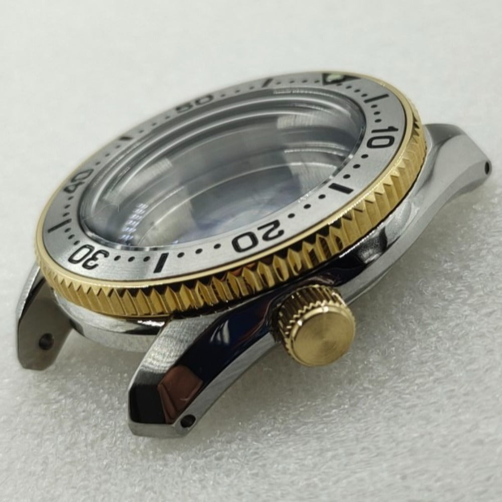 42mm silver polished watch case with golden bezel, compatible with SPB185/SPB187J1 and NH35/36/4R/6R movements.