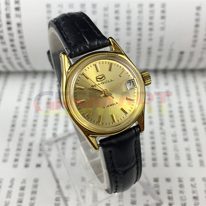 Montre mécanique à cadran rond pour femme, cadran doré, calendrier simple, motif mouette