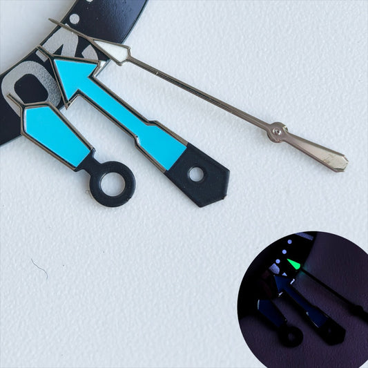 Dark silver trim watch hands with blue and grey paint, green lume for NH35/36 movements.